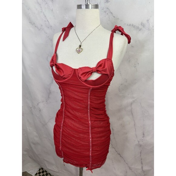 y2k Victoria Secret Lingerie Babydoll Dress Red Rhinestone Bling Bow Peek A Boo - Picture 11 of 16